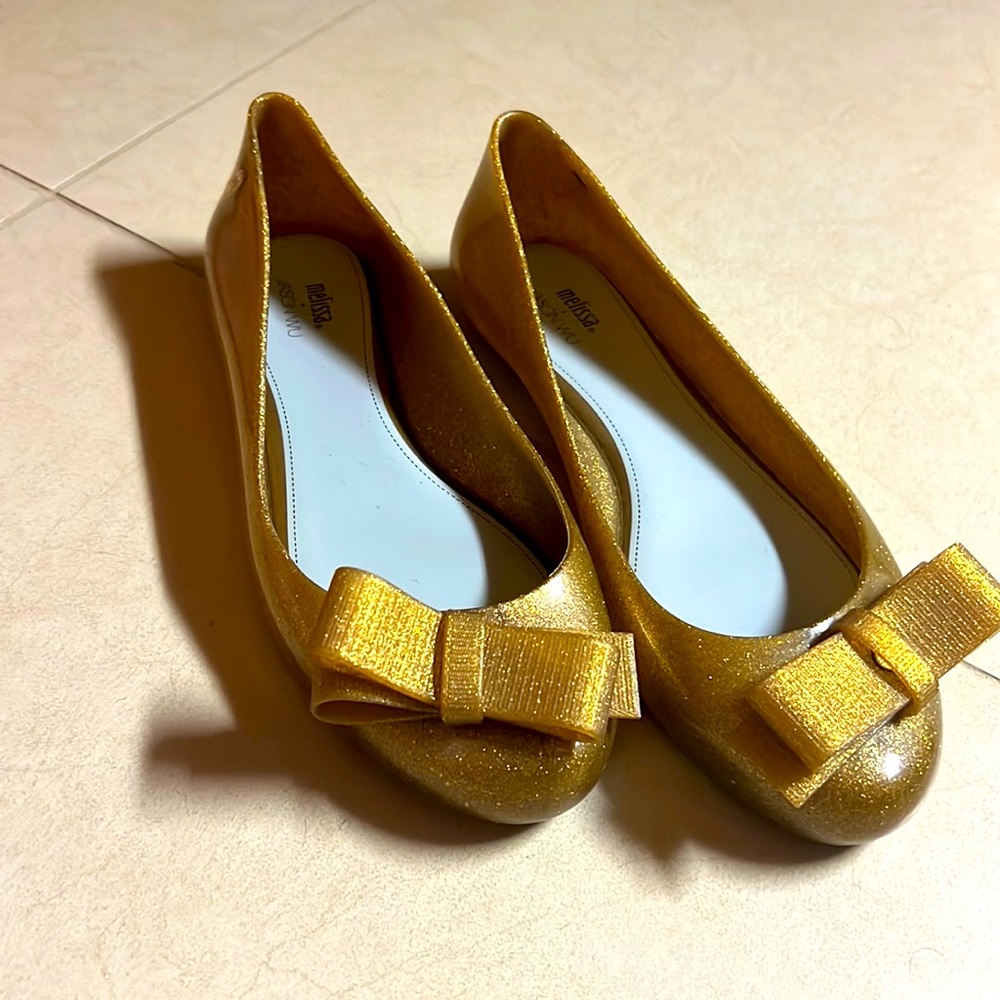 Melissa + Jason Wu sparkle gold jelly flat size 9.